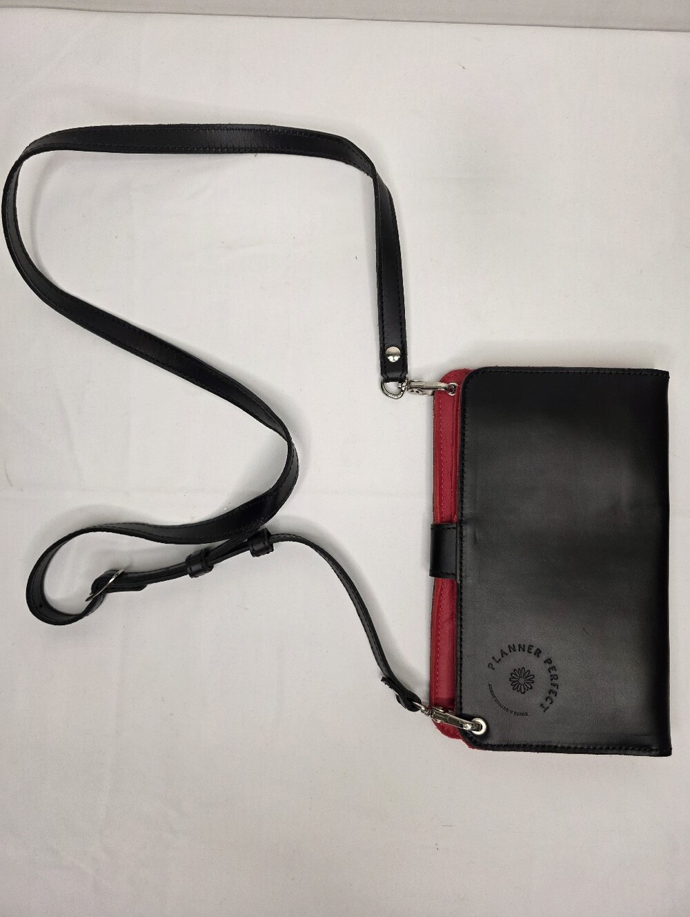 Planner Perfect Black Leather Crossbody Wallet Cover Red Interior